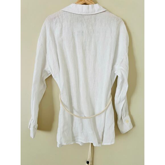 NWT Zara 100% Linen Oversized White Shirt Rope Tie Waist Large Wide Lapel V-Neck - Picture 7 of 7